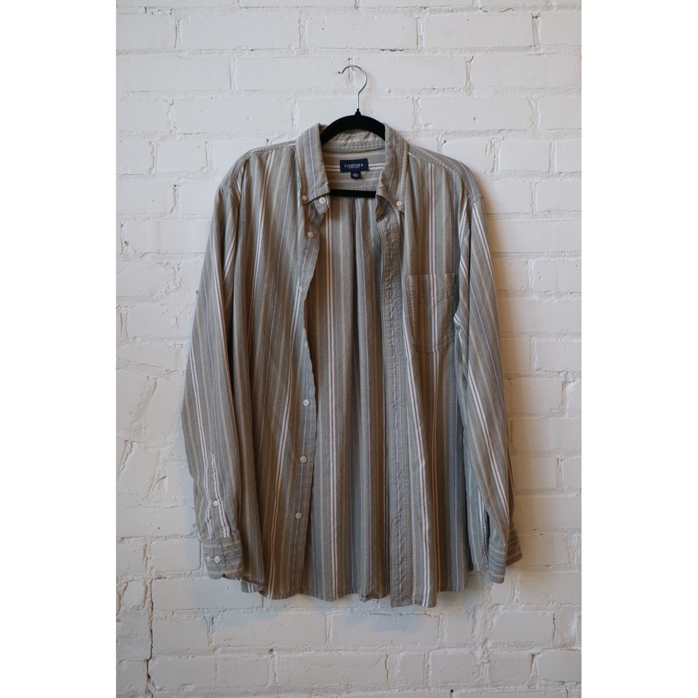 Sonoma Goods for Life Mens Large Green Striped Long Sleeve Button Down Shirt
